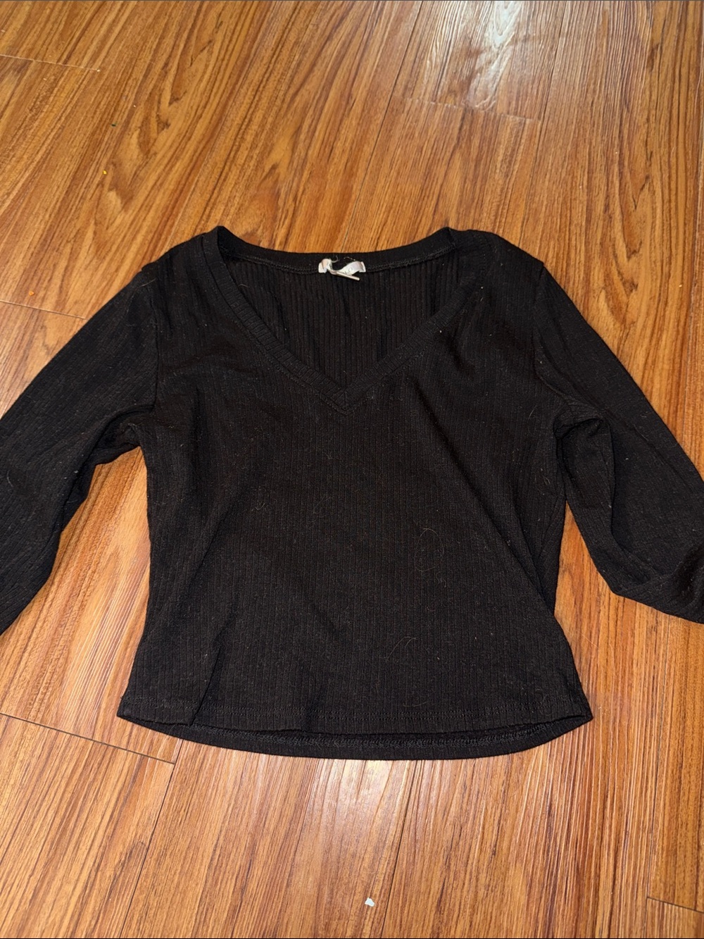 Bozzolo Black Ribbed V-Neck Long Sleeve Top